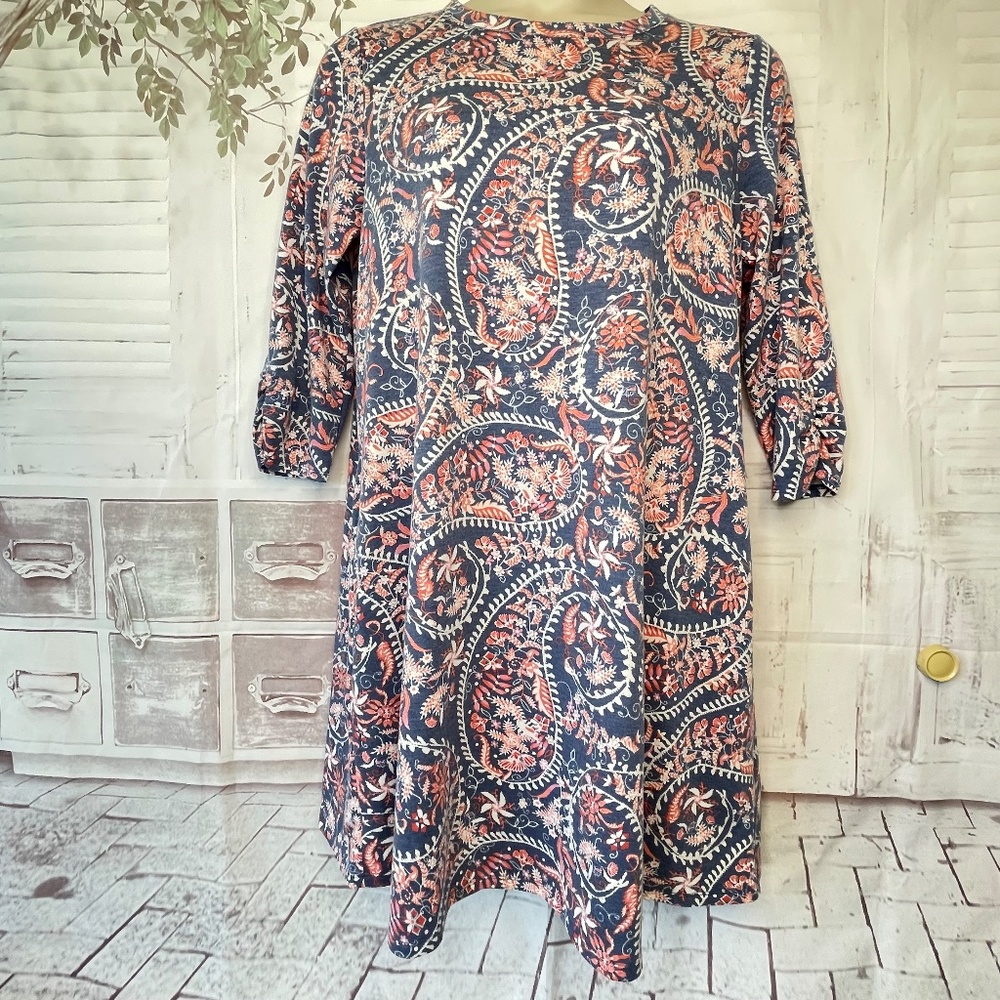 Apt. 9 Womens Blue Coral Ivory Casual 3/4 Ruch Sleeves Dress Sz XL X Large USED